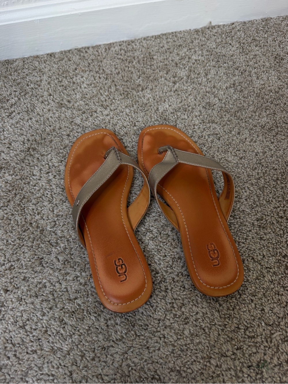 UGG Women's Brown Leather Thong Sandals with Taupe Straps